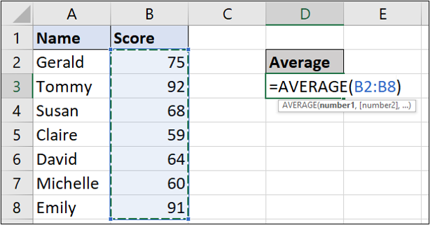 A simple Excel spreadsheet containing data for student names and test scores. In this example, the AVERAGE function has been entered and the relevant cells selected. A simple Excel spreadsheet containing data for student names and test scores. In this example, the AVERAGE function has been entered and the relevant cells selected.