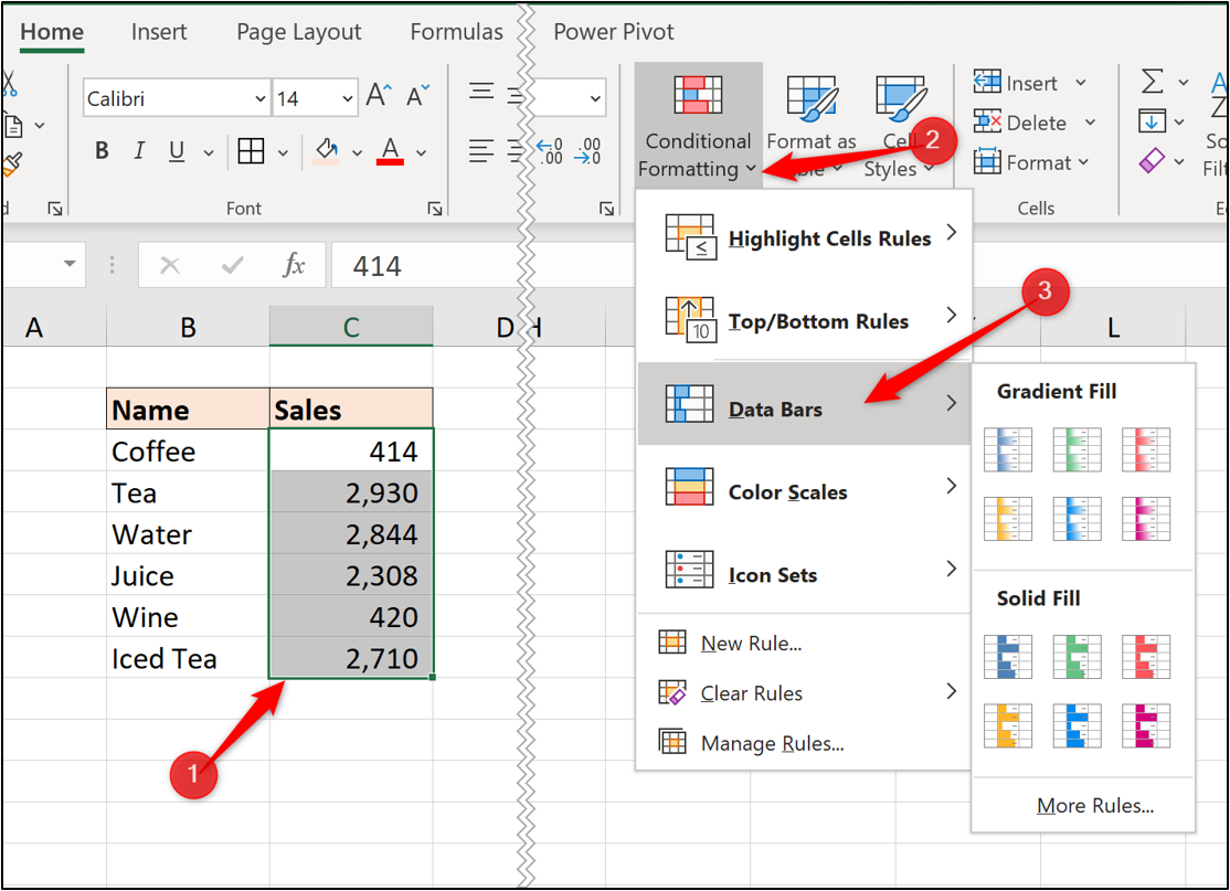 An Excel worksheet with two columns of data. The column containing sales figures has been selected (range C3 to C8). “Data bars” has been selected from the conditional formatting dropdown menu. An Excel worksheet with two columns of data. The column containing sales figures has been selected (range C3 to C8). “Data bars” has been selected from the conditional formatting dropdown menu.