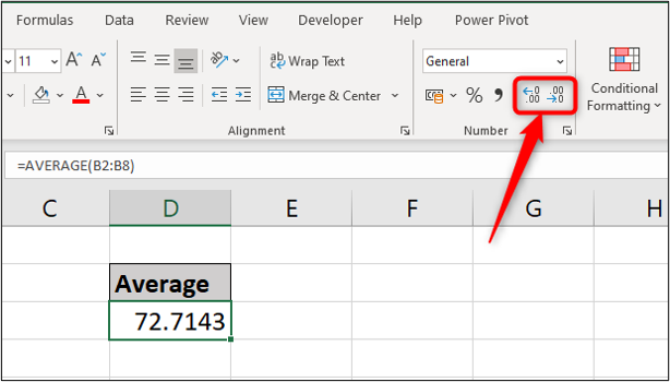 A simple spreadsheet showing the average of exam scores shown to four decimal places. The two decimal buttons in the Excel toolbar ribbon are highlighted with a red arrow. A simple spreadsheet showing the average of exam scores shown to four decimal places. The two decimal buttons in the Excel toolbar ribbon are highlighted with a red arrow.