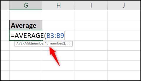 In an Excel worksheet, the average function has been typed into a cell with a comma to denote two separate ranges In an Excel worksheet, the average function has been typed into a cell with a comma to denote two separate ranges