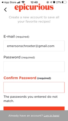 Epicurious: Error prevention Screenshot from Epicurious onboarding showing password entry error.