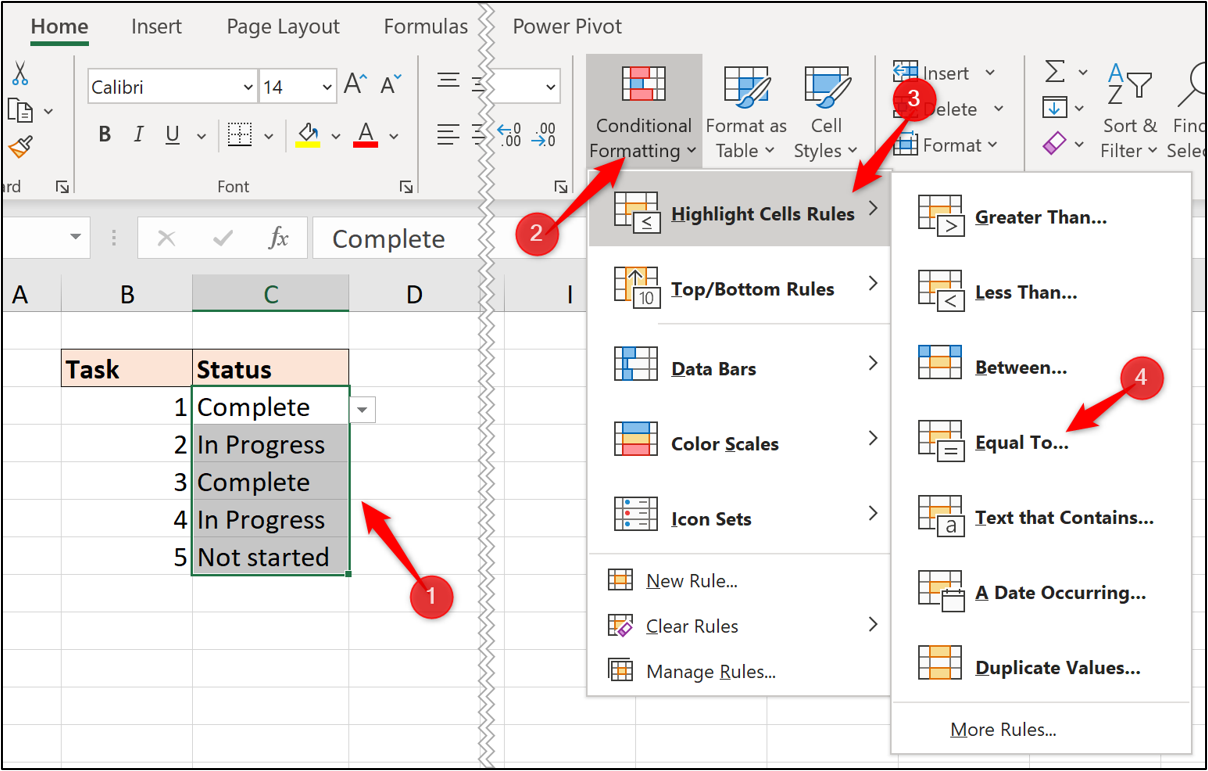 An Excel worksheet showing the process for applying conditional formatting. 1: Click on the home icon, 2: Click on the conditional formatting icon, 3: Select “Highlight cells rules” from the dropdown, and 4: Select “equal to” An Excel worksheet showing the process for applying conditional formatting. 1: Click on the home icon, 2: Click on the conditional formatting icon, 3: Select “Highlight cells rules” from the dropdown, and 4: Select “equal to”