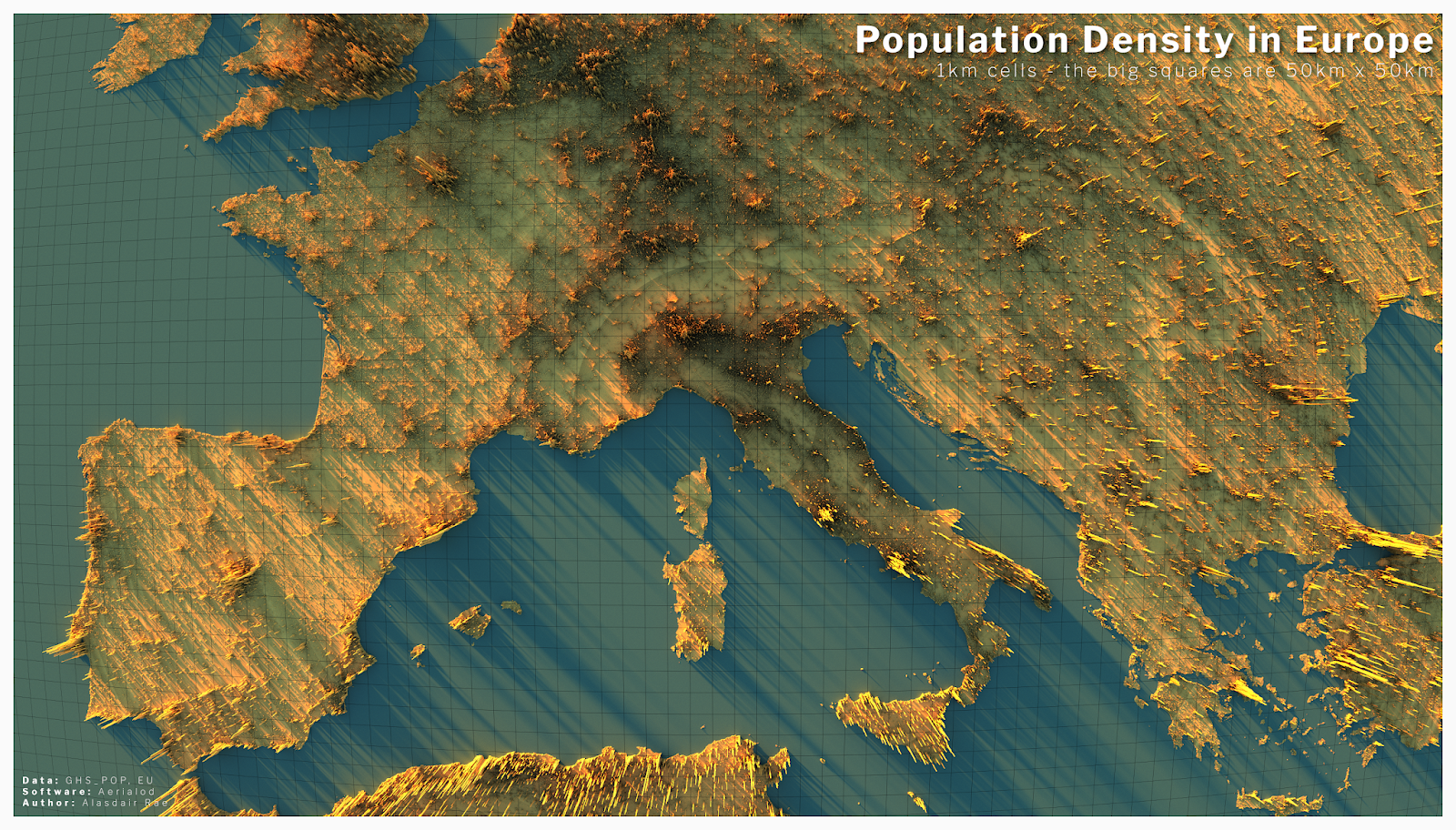 3D map showing population density across Europe 3D map showing population density across Europe