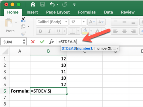 An Excel worksheet with an arrow pointing to the formula bar, where the STDEV.S formula has been entered An Excel worksheet with an arrow pointing to the formula bar, where the STDEV.S formula has been entered