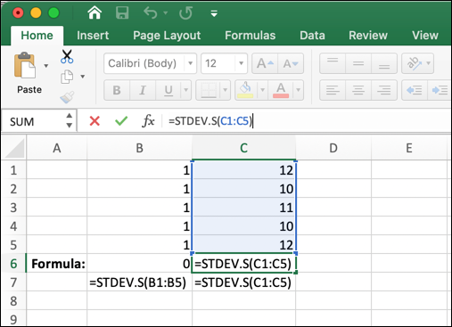 A Microsoft Excel worksheet showing the STDEV function being used A Microsoft Excel worksheet showing the STDEV function being used