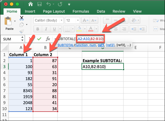 An Excel worksheet showing the SUBTOTAL formula being used to count the number of cells in a specified range An Excel worksheet showing the SUBTOTAL formula being used to count the number of cells in a specified range