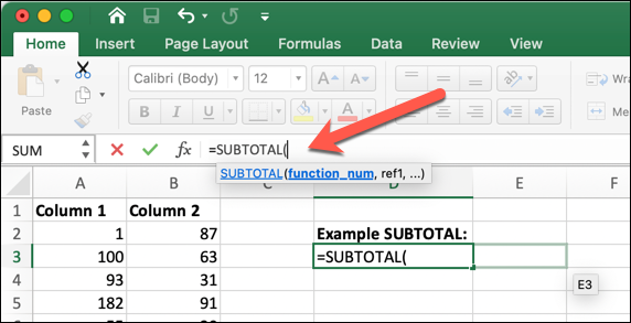 An Excel worksheet with the SUBTOTAL formula typed into the formula bar An Excel worksheet with the SUBTOTAL formula typed into the formula bar