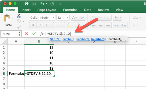 An Excel worksheet with an arrow pointing to the formula where, where the STDEV.S function has been entered followed by number arguments An Excel worksheet with an arrow pointing to the formula where, where the STDEV.S function has been entered followed by number arguments