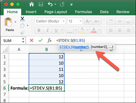 A Microsoft Excel worksheet with =STDEV.S(B1:B5) typed into the formula bar A Microsoft Excel worksheet with =STDEV.S(B1:B5) typed into the formula bar
