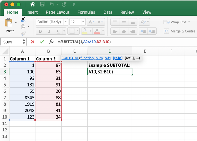 A Microsoft Excel worksheet showing the SUBTOTAL function in usage A Microsoft Excel worksheet showing the SUBTOTAL function in usage