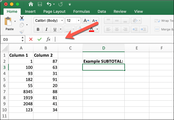 An Excel worksheet showing the blinking cursor in the formula bar An Excel worksheet showing the blinking cursor in the formula bar