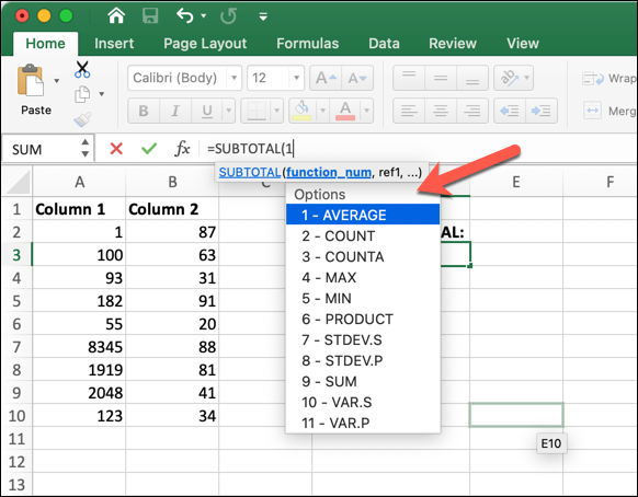 An Excel worksheet with the SUBTOTAL function typed into the formula bar, and the drop-down menu with options displayed An Excel worksheet with the SUBTOTAL function typed into the formula bar, and the drop-down menu with options displayed