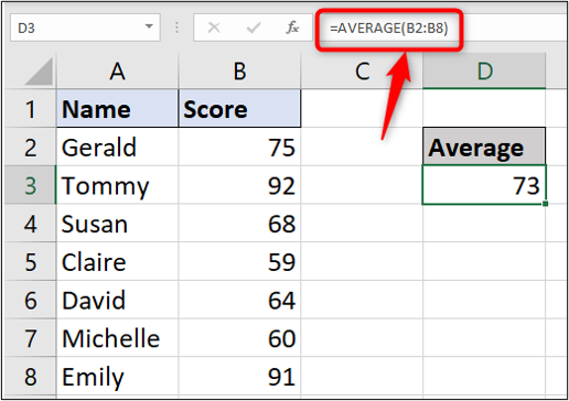 A simple Excel spreadsheet containing data for student names and test scores. In this instance, the user has typed out the average function manually in the toolbar A simple Excel spreadsheet containing data for student names and test scores. In this instance, the user has typed out the average function manually in the toolbar