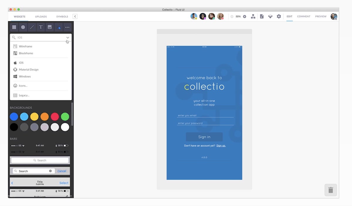 The interface of FluidUI, a free wireframe tool