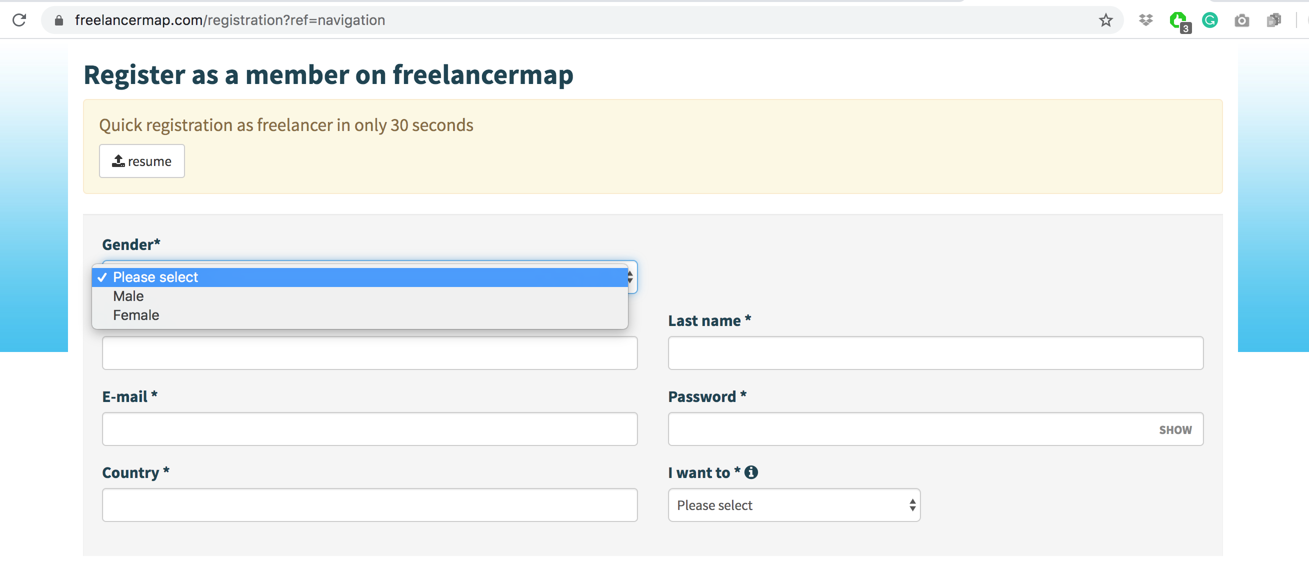 Example from freelancermap Screenshot from freelancermap. Prompts user for gender and offers options of male and female.