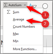 An arrow pointing to the "autosum" dropdown menu in Excel, and another arrow pointing to the "average" item within the dropdown menu An arrow pointing to the "autosum" dropdown menu in Excel, and another arrow pointing to the "average" item within the dropdown menu