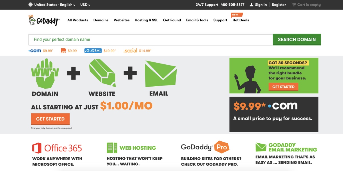 GoDaddy in 2015 Screenshot of GoDaddy homepage in 2015