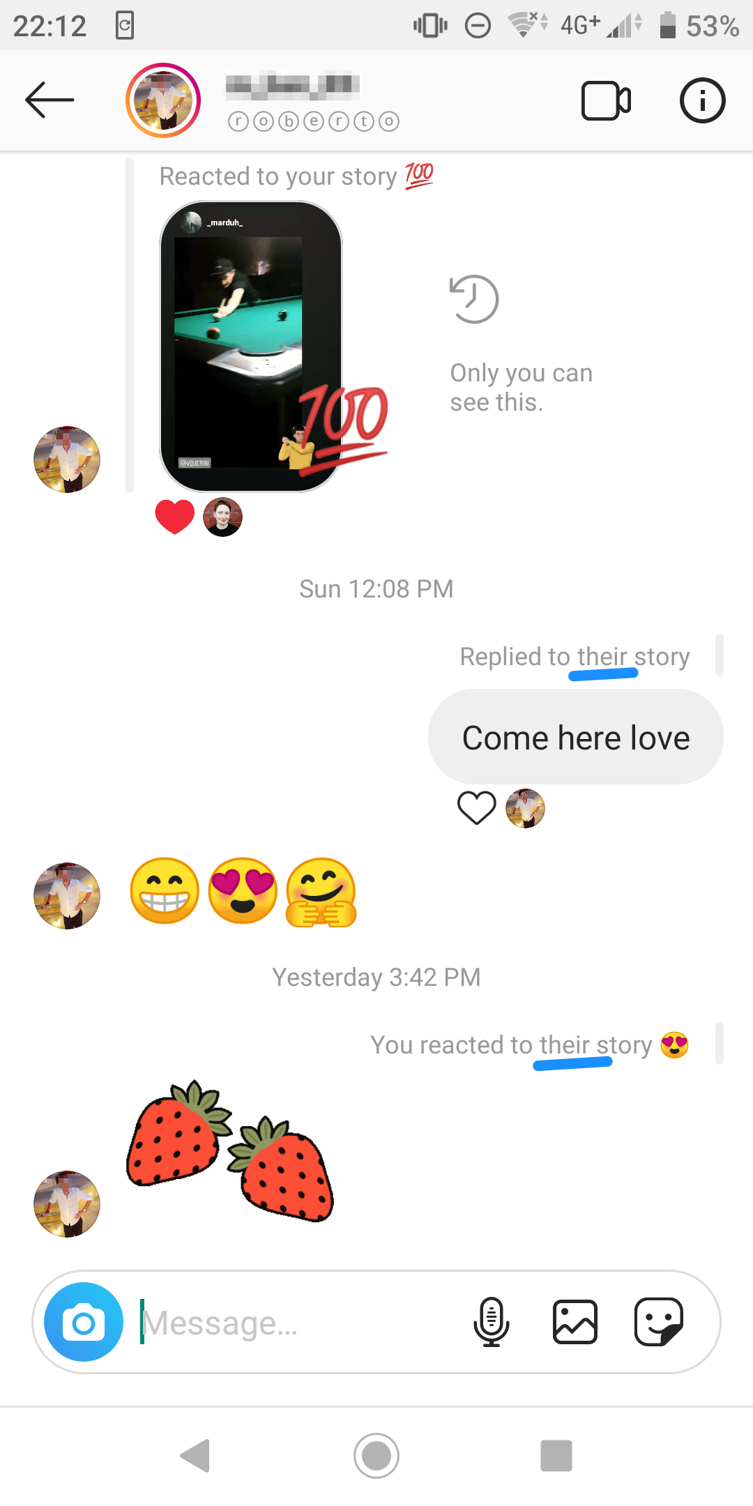Example from Instagram Screenshot of a private chat in Instagram between two users; gender-neutral pronouns used for both people