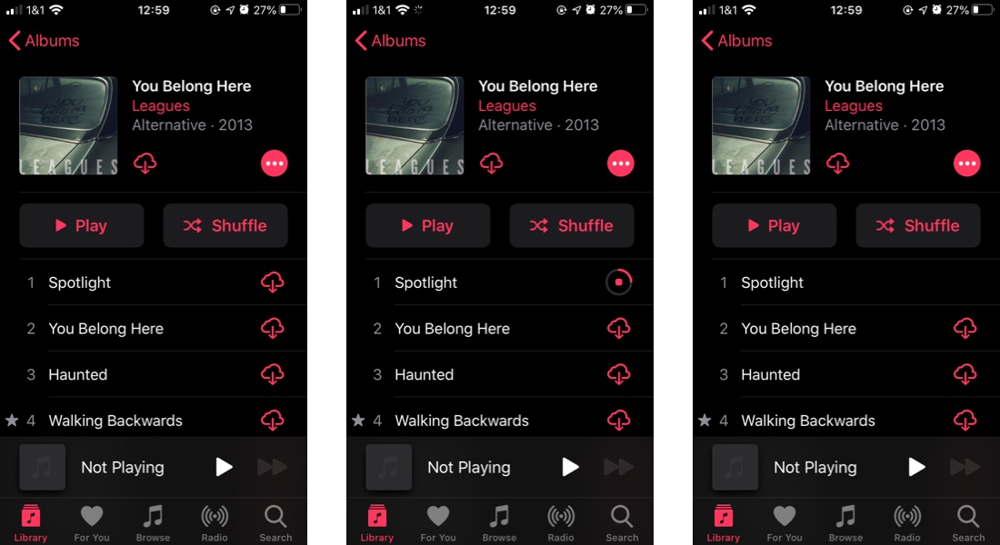 iTunes Song Download Process A lineup of three screenshots from an iPhone. iTunes song in the cloud, downloaded, and download complete.