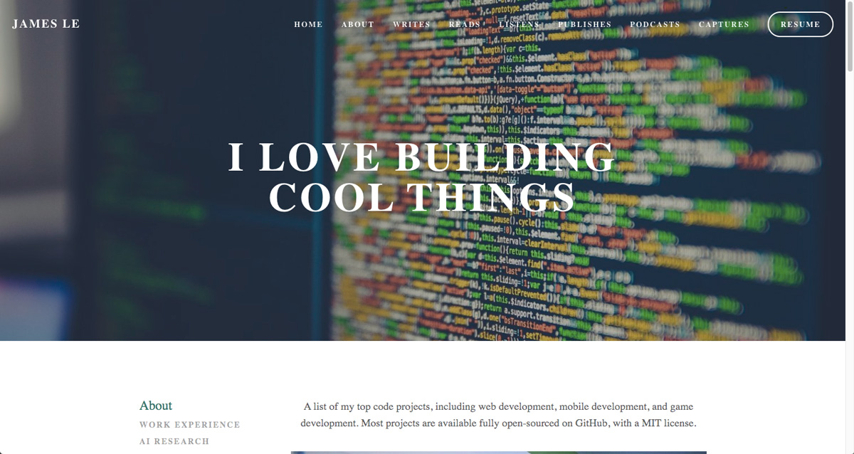 A screen grab of James Le's data analytics portfolio with the headline "I love building cool things" A screen grab of James Le's data analytics portfolio with the headline "I love building cool things"