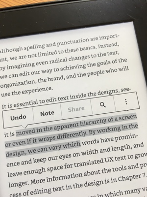 Kindle Highlighting Photo of a Kindle Paperwhite screen, focused on a portion of highlighted text in the Kindle user interface