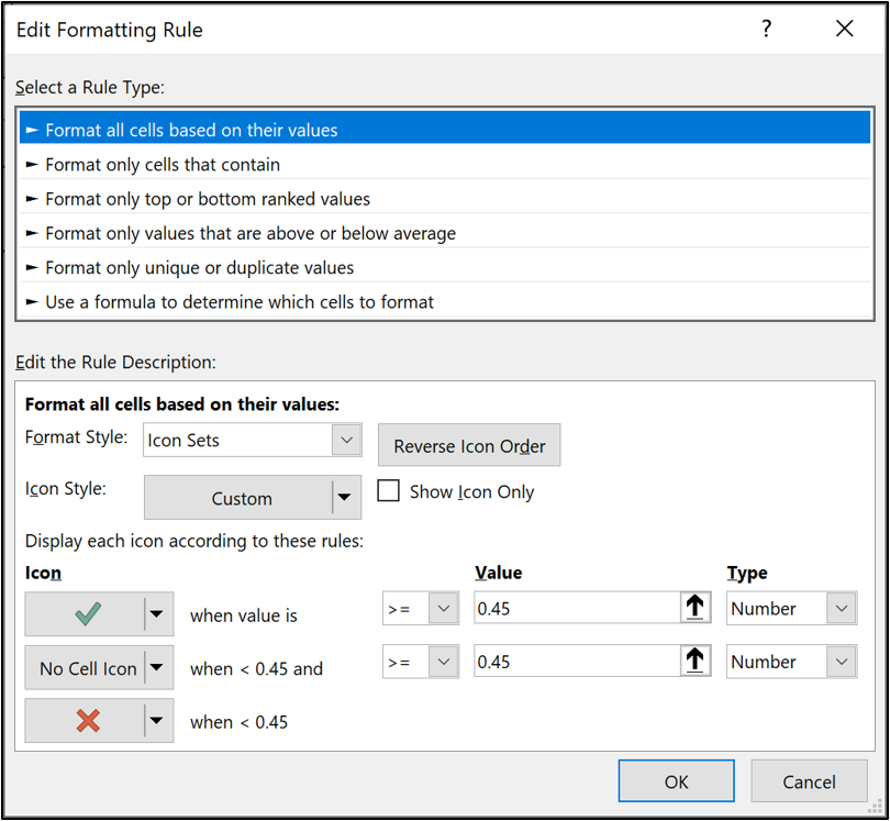 The "Edit formatting rule" window in Microsoft Excel used to apply different formatting rules. In this example, the “format all cells based on their values” option has been selected. The "Edit formatting rule" window in Microsoft Excel used to apply different formatting rules. In this example, the “format all cells based on their values” option has been selected.