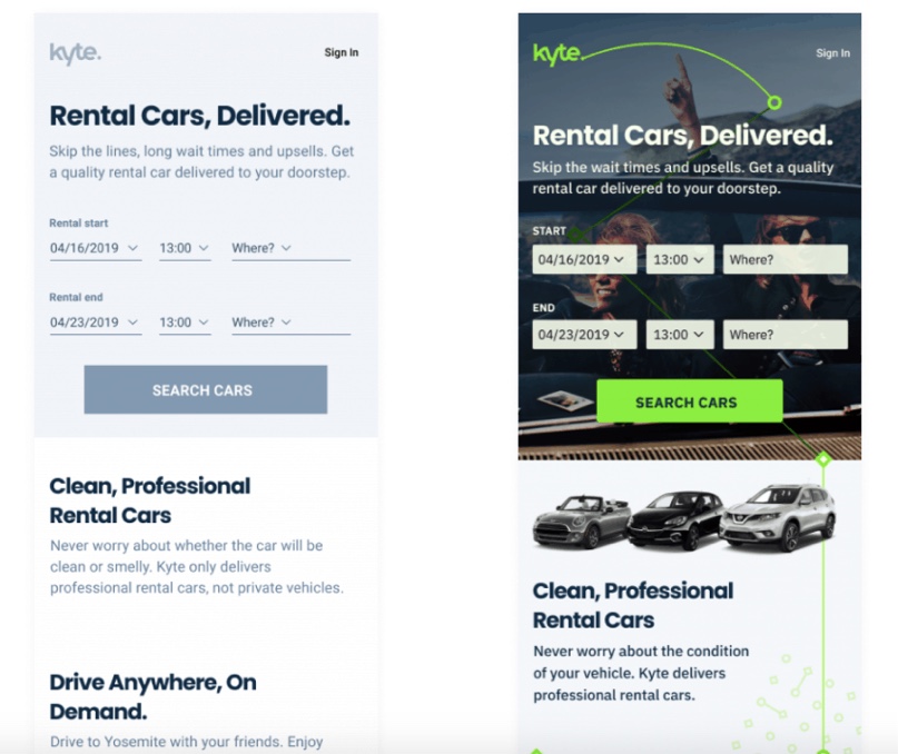 Kyte App Wireframe Comparison Side-by-side comparison of the Kyte app wirefram and final design, by Jamal Nichols