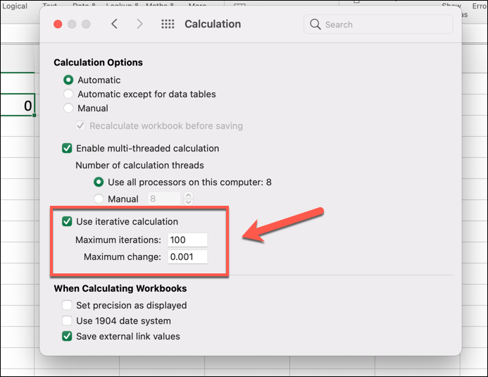 A pop-up window shown after clicking “Excel, preferences, calculation” when using Excel on a Mac computer. The “Use iterative calculation” option has been selected, and maximum iteration and maximum change values entered, as annotated by a red arrow.