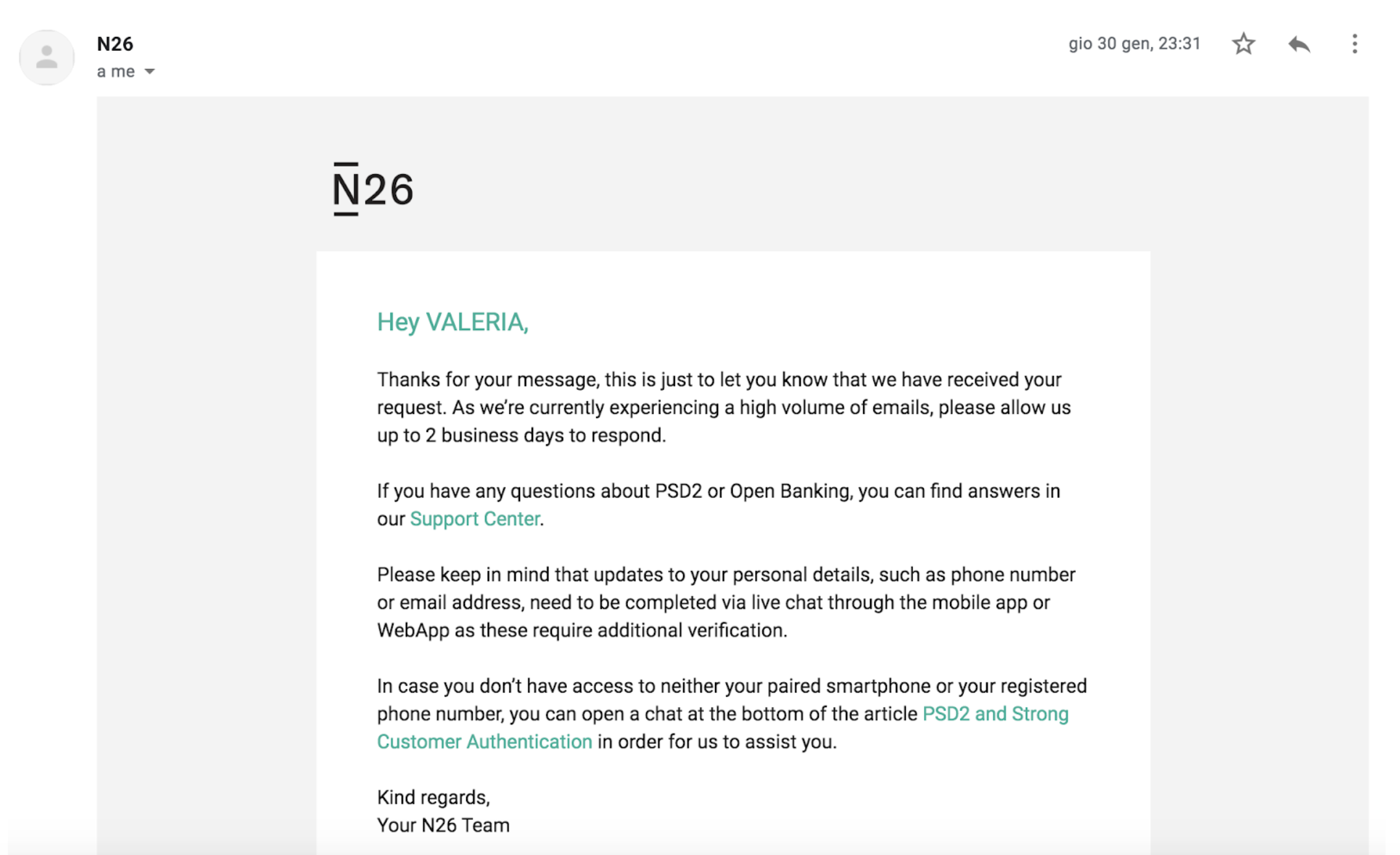 Screenshot of an email that greets the author with their legal name in all caps