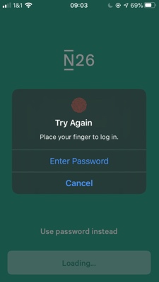 N26 Login Screenshot of N26 mobile app login showing an error with the TouchID login