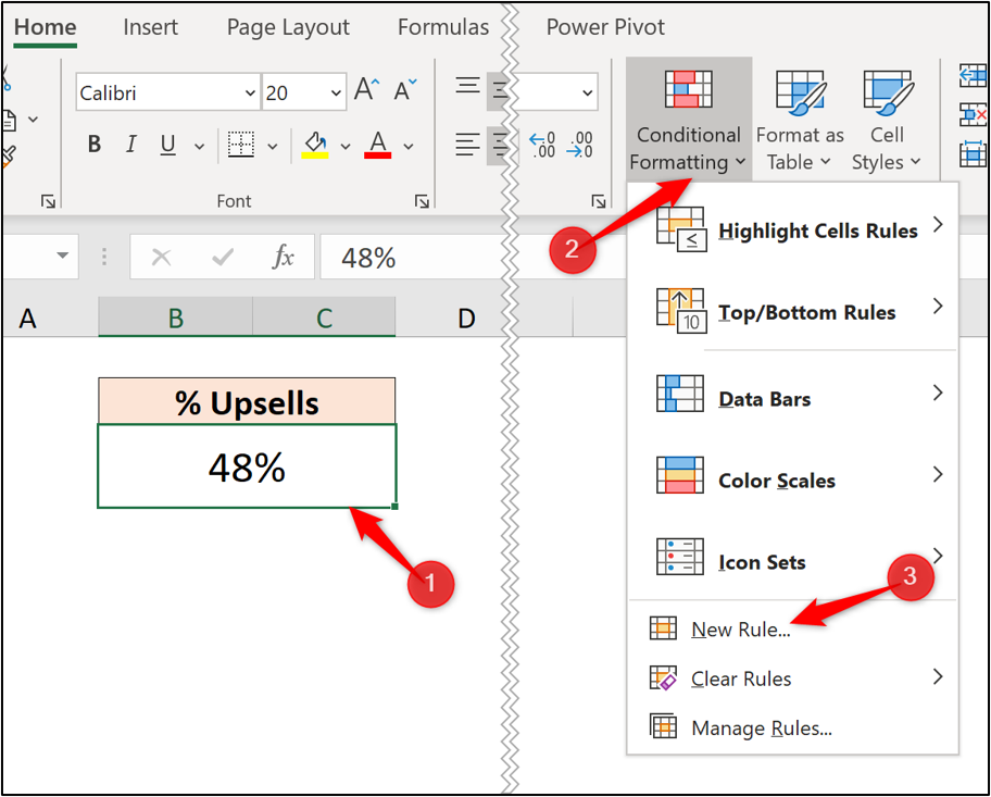 An Excel worksheet with a cell highlighted. The "new rule" option has been selected from the "conditional formatting" dropdown. An Excel worksheet with a cell highlighted. The "new rule" option has been selected from the "conditional formatting" dropdown.