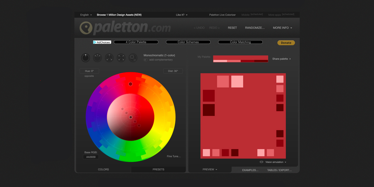 The paletton.com user interface