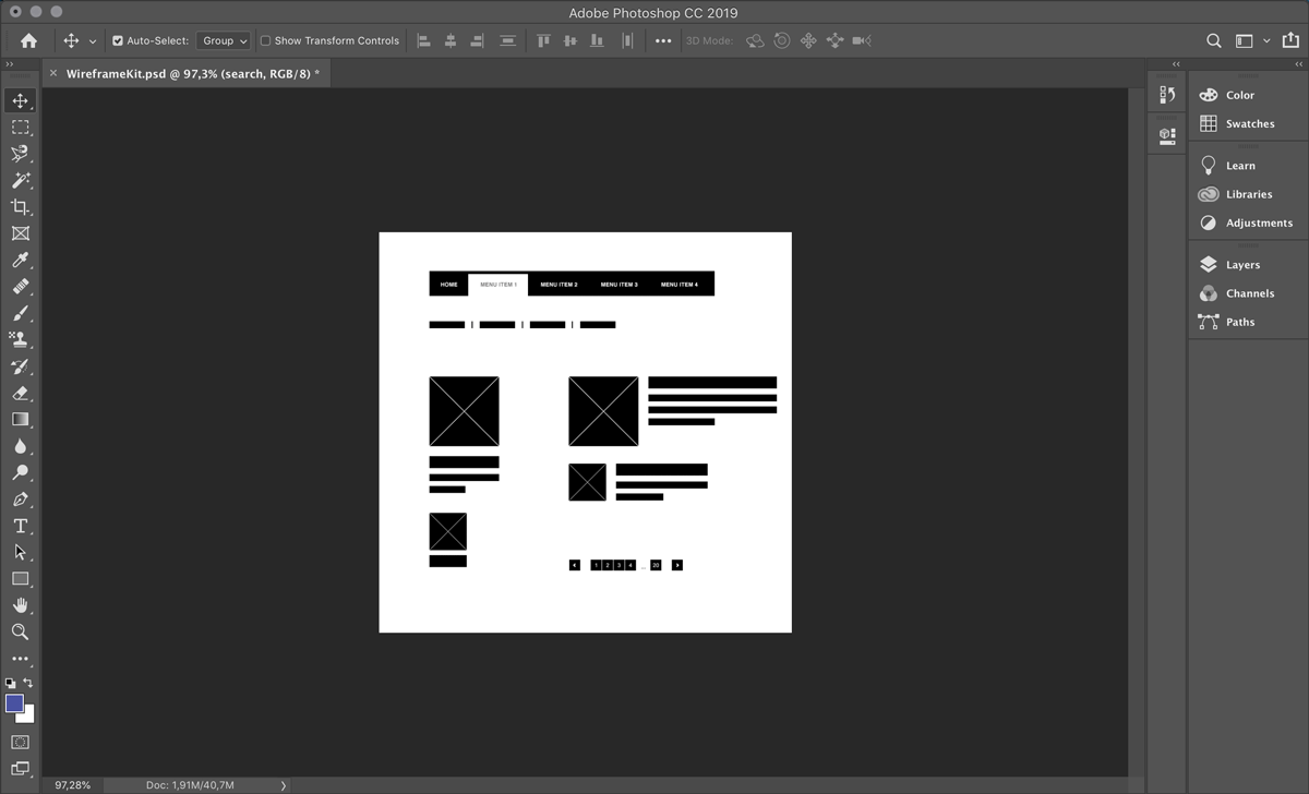 Low-fidelity website wireframe on Photoshop