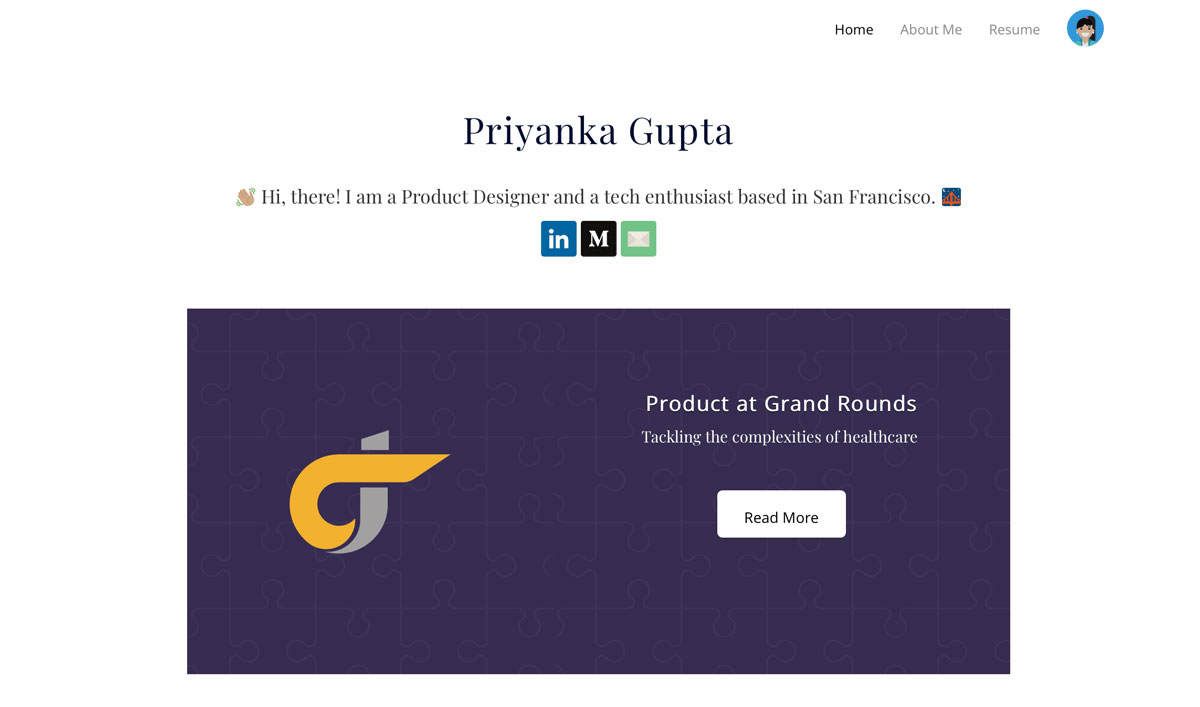 UX Design Portfolio Examples: Priyanka Gupta The homepage of Priyanka Gupta's UX design portfolio example