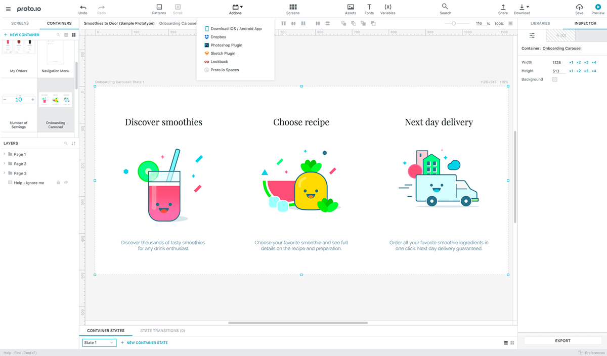 Smoothie app wireframes on Proto.io