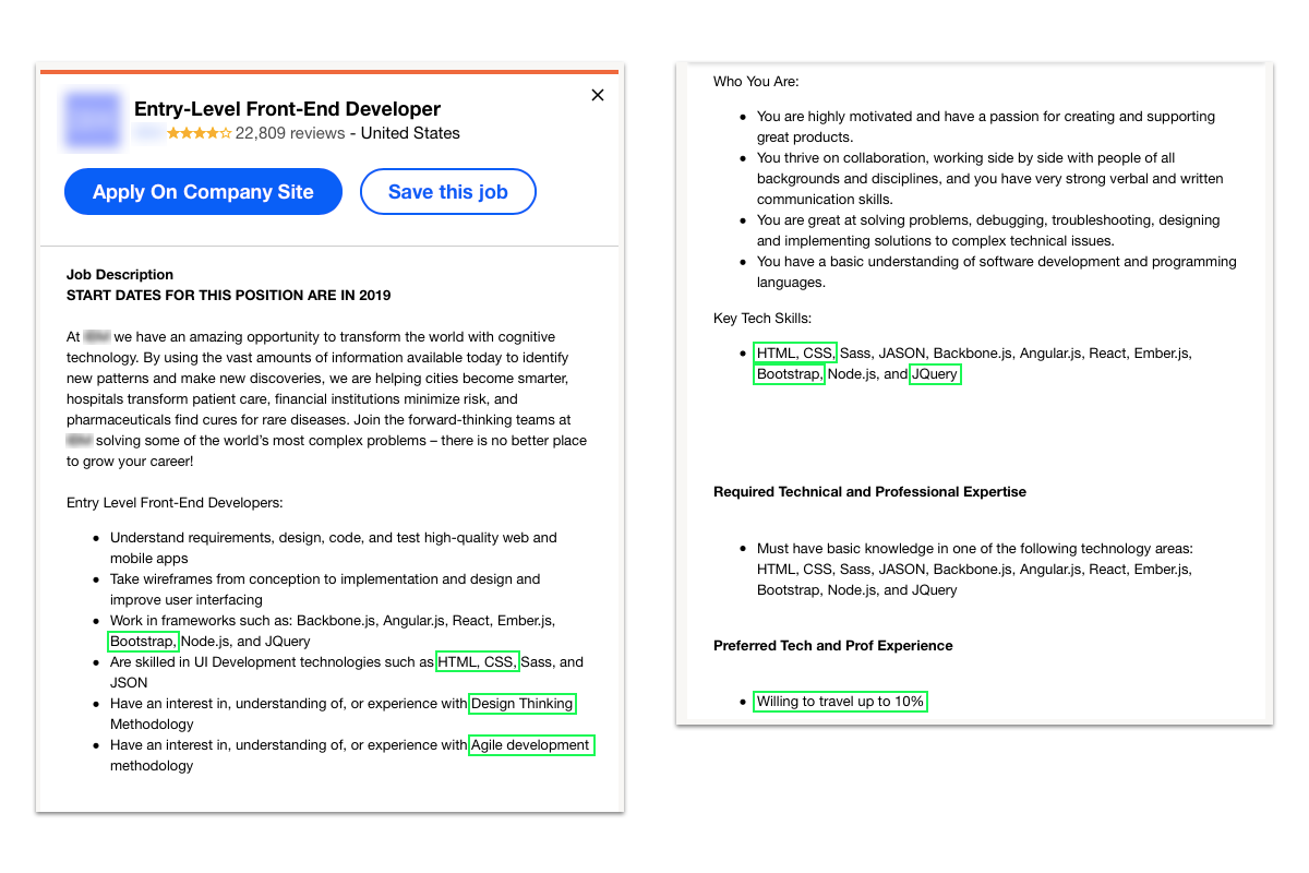 A job advert from Indeed.com for an entry level frontend developer