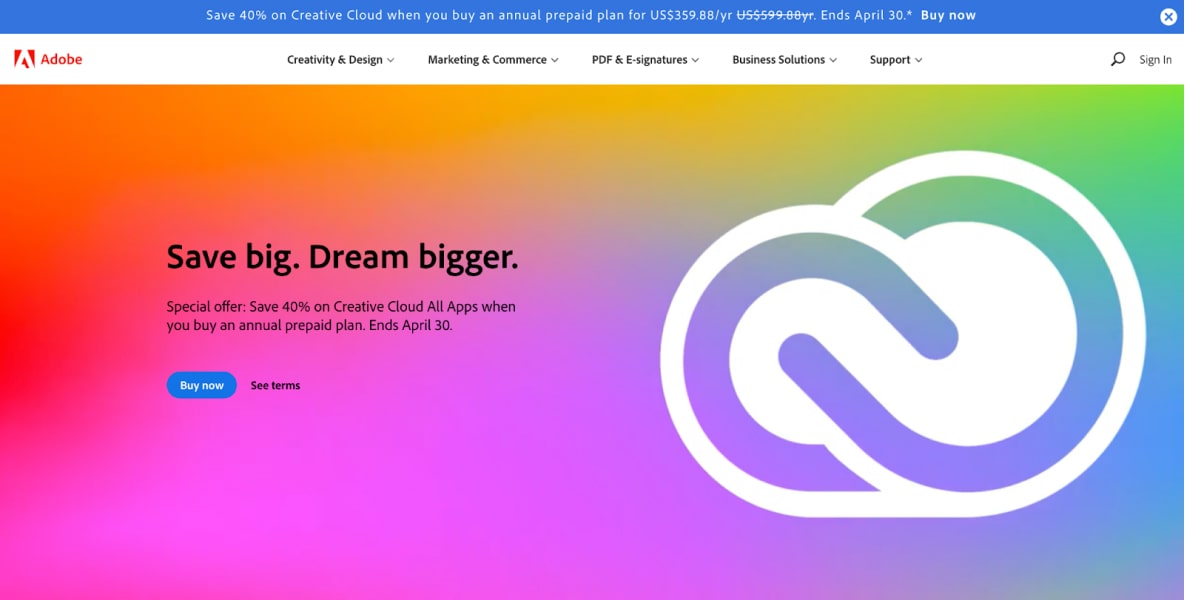 Adobe's homepage shows a sale banner at the top of the page above a navigation bar with a hero image also featuring the sale