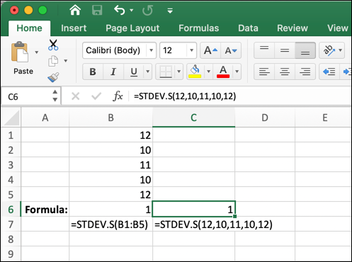 A Microsoft Excel worksheet showing the STDEV.S function being used A Microsoft Excel worksheet showing the STDEV.S function being used