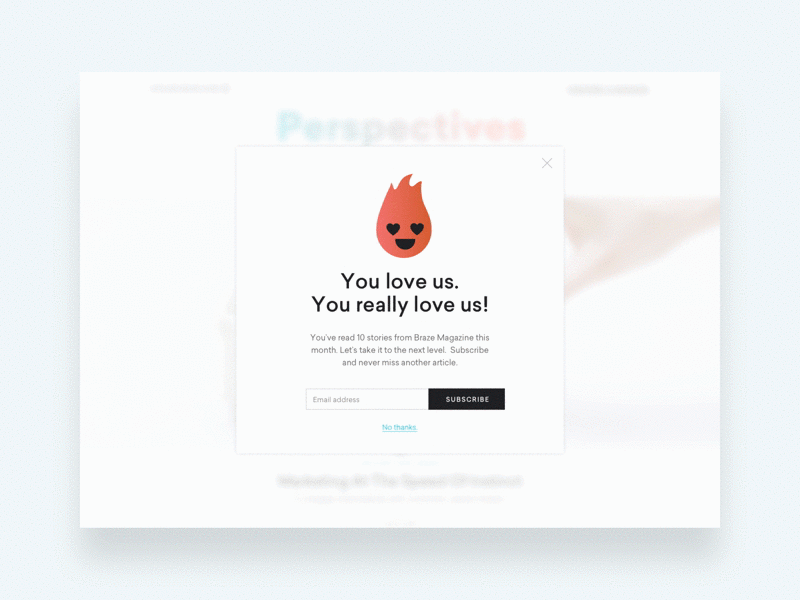 An example of a subscription modal UI element: A modal window is a small box containing content or a message that requires you to interact with it