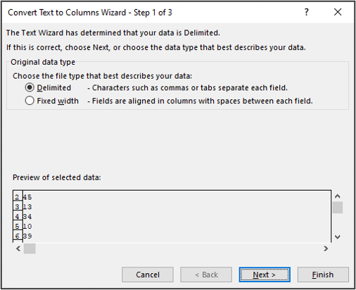 The "convert text to columns" window that pops up when you opt to change text to columns in an Excel spreadsheet