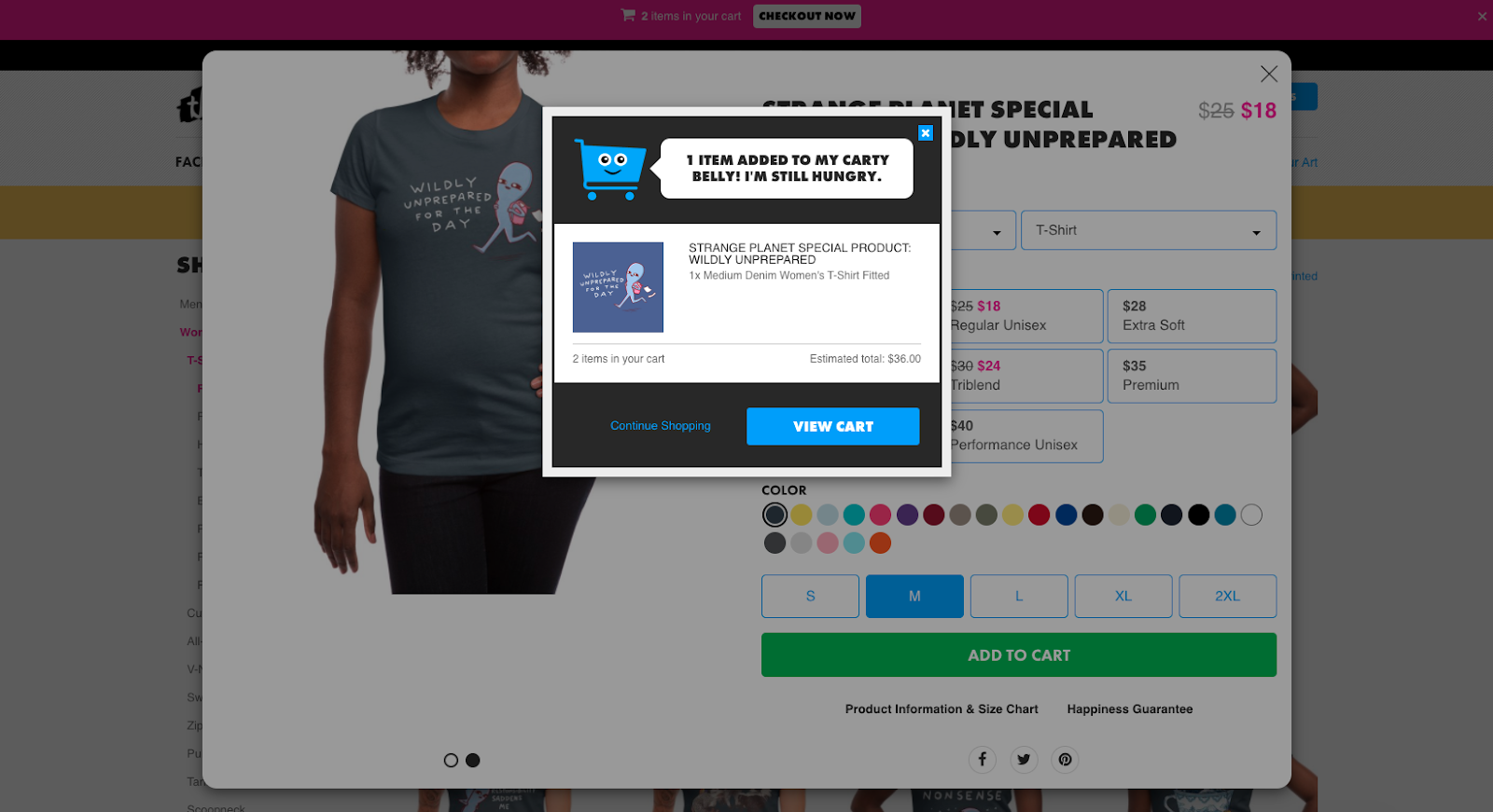 Screenshot of Threadless, showing how user adds an item.