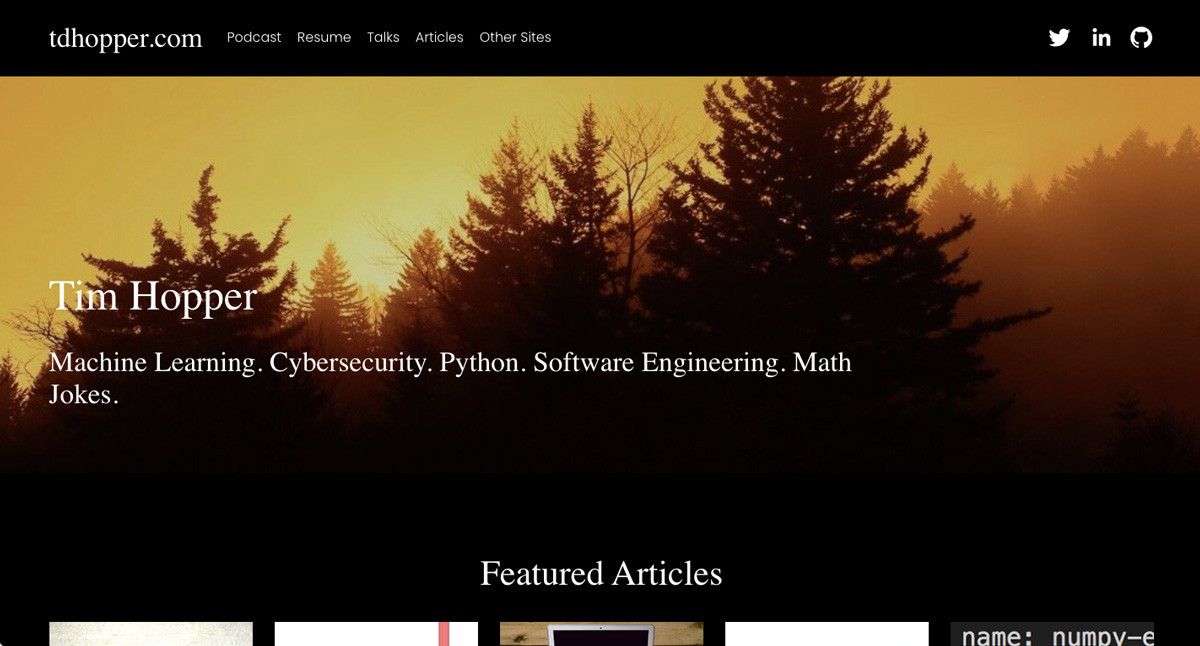 The home page of Tim Hopper's data analytics portfolio website The home page of Tim Hopper's data analytics portfolio website