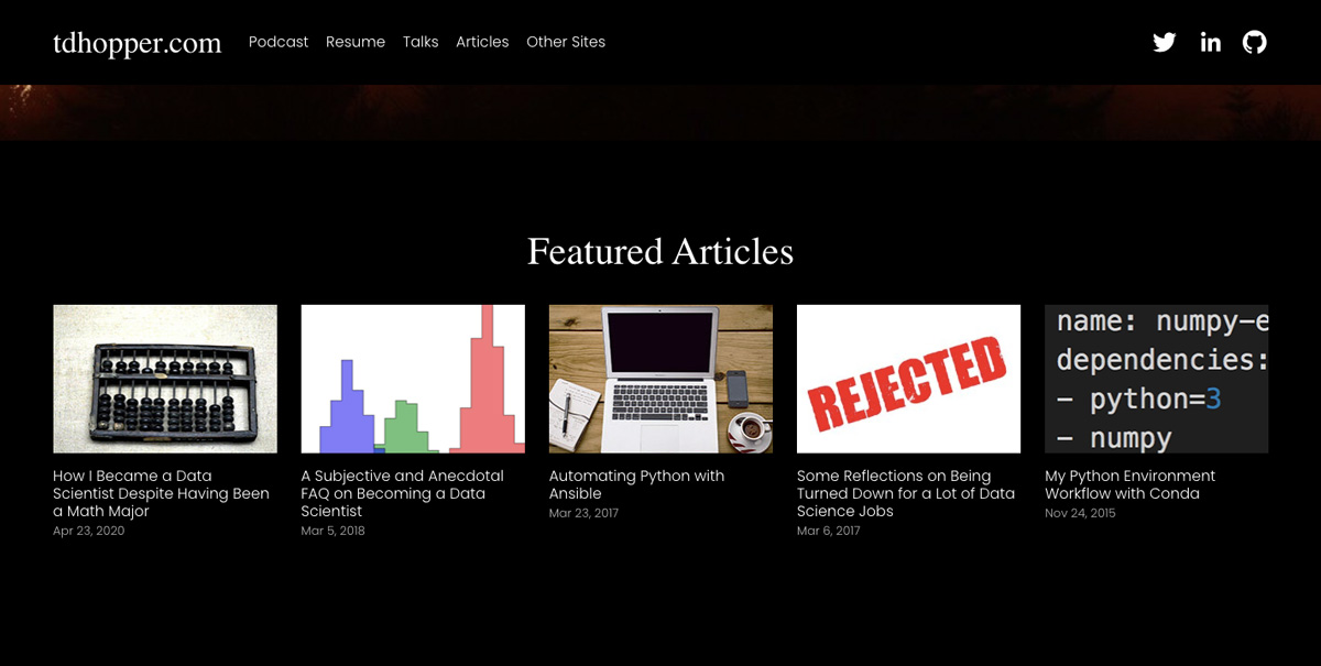 A screen grab from Tim Hopper's portfolio website, showing featured blog articles A screen grab from Tim Hopper's portfolio website, showing featured blog articles