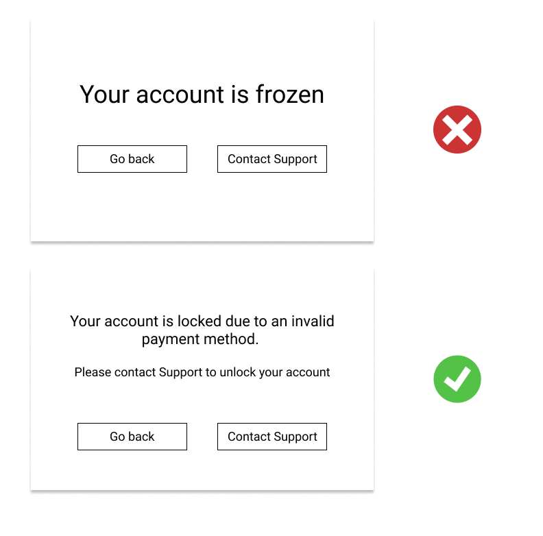 How to Write an Amazing Product Page: Avoid being too vague Two examples of 'frozen account' notification copy: one too vague, the other specific and directive