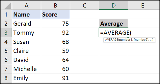 A simple Excel spreadsheet containing data for student names and test scores. In this instance, the user has typed out the average function manually in the relevant cell A simple Excel spreadsheet containing data for student names and test scores. In this instance, the user has typed out the average function manually in the relevant cell