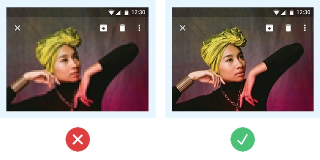 Good vs. bad UI design: High quality images A blurry image of a person next a clear image of a person, demonstrating good and bad use of imagery in UI design
