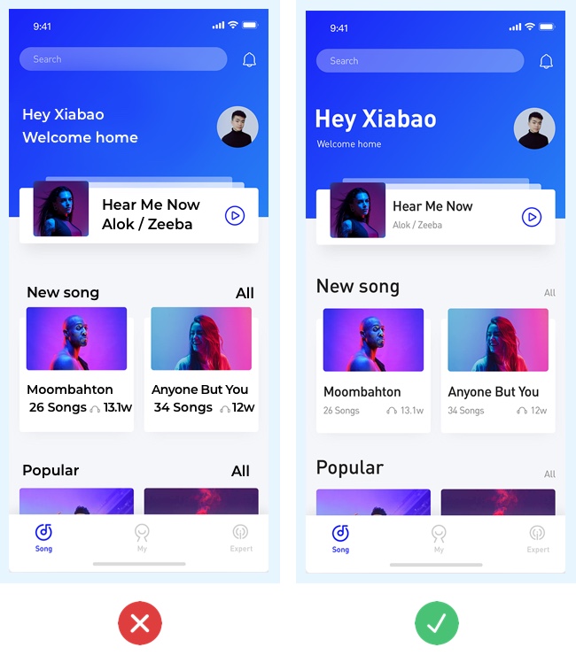 Good vs. bad UI design: Two screenshots showing the impact of a lack of text hierarchy Two screenshots of user interfaces, one showing a lack of text hierarchy, the other showing good use of text hierarchy