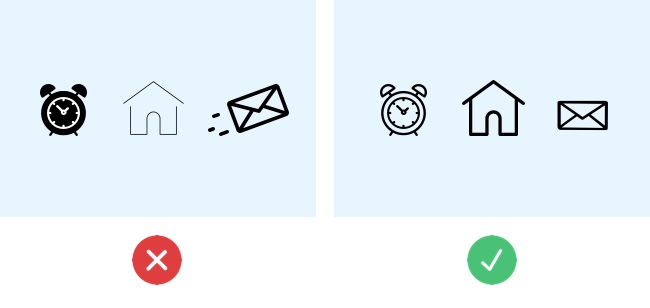 Good vs. bad UI design: Three inconsistent icons compared to three consist icons Two screenshots side by side, the first depicting three inconsistent icons, the second depicting three consistent icons