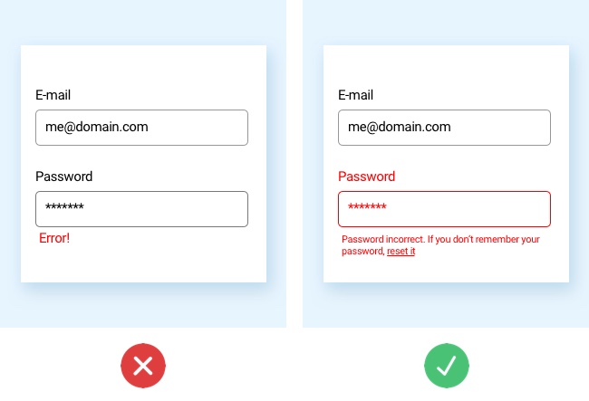 Good vs. bad UI design: Confusing forms Two screenshots of user forms, the first one is a confusing example with a non-descriptive "error" message, the second is a good example with a descriptive error message