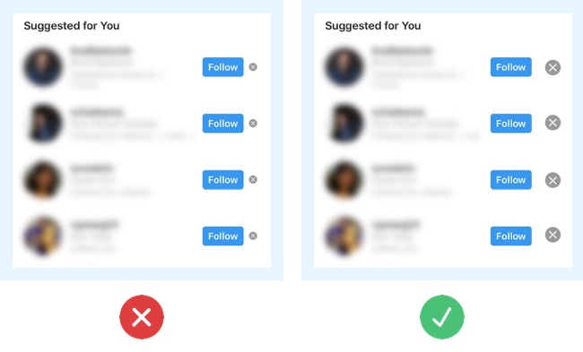 Good vs bad UI design: Poor touch targets in mobile UI Two screenshots showing too-small touch targets in UI design vs appropriately sized touch targets